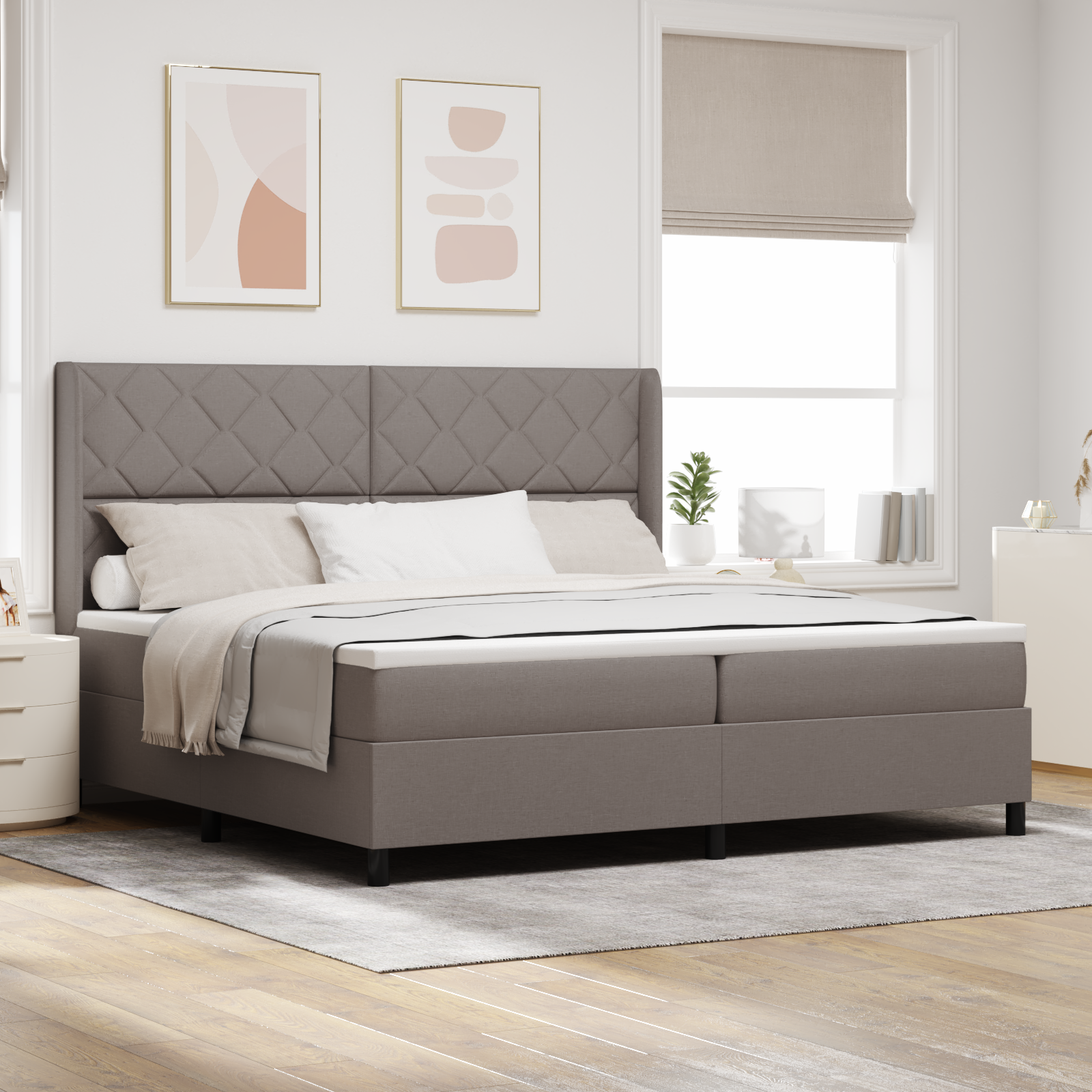 Box Spring Postelja z Matracami in LED Taupe 200×200 cm Tkanina