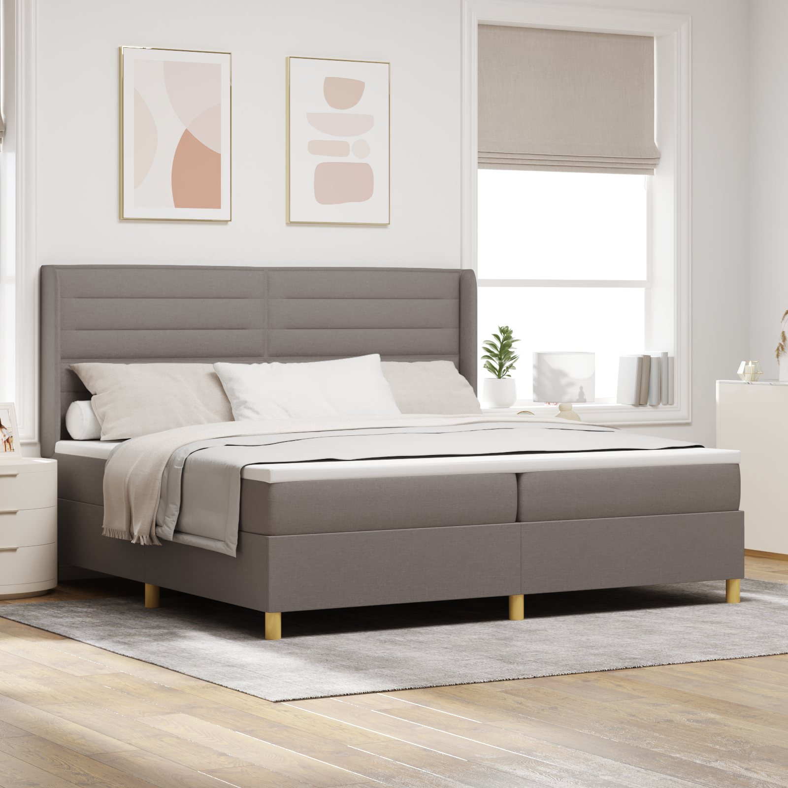 Box Spring postelja z vzmetnico in LED osvetlitvijo Taupe 200×200 cm Tkanina