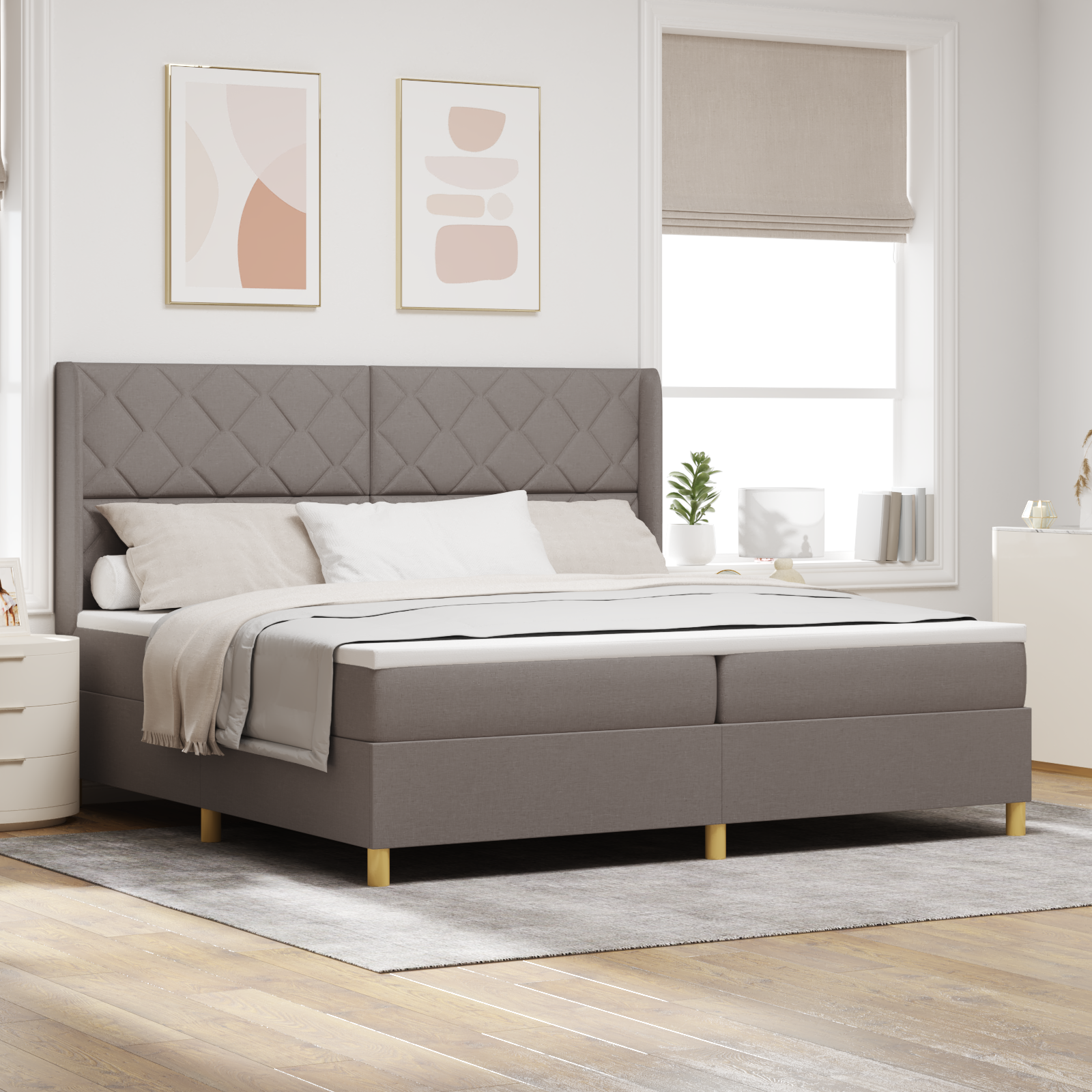 Postelja z vzmetnico in LED Taupe 200×200 cm Tkanina