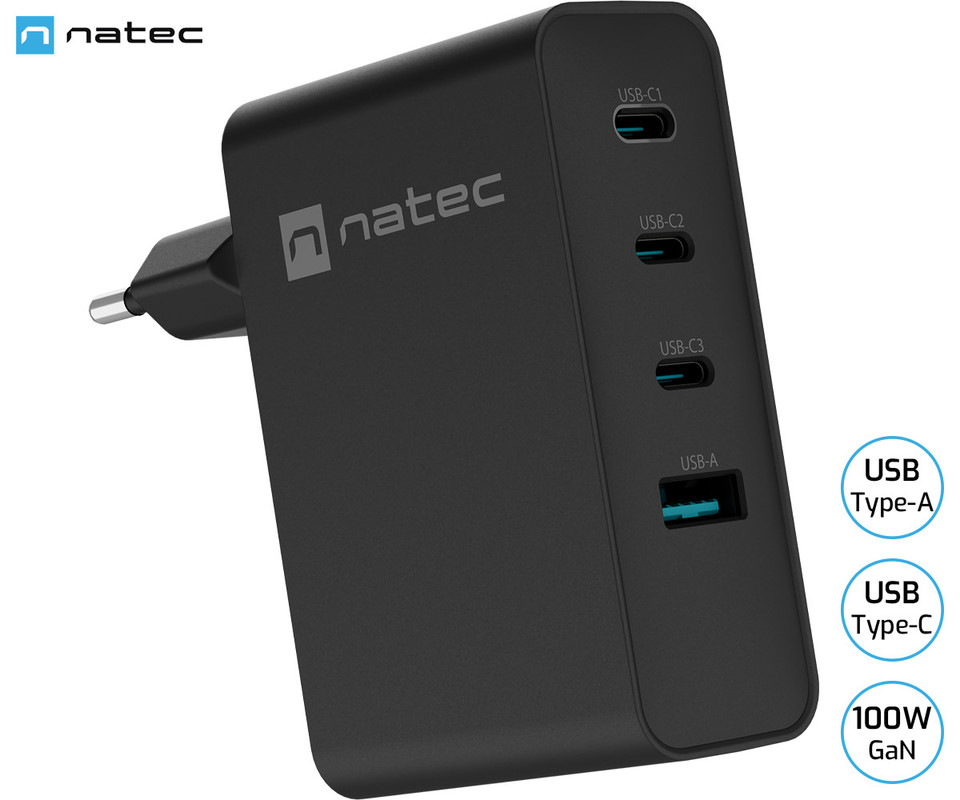 Natec RIBERA GaN polnilec, 100W, 1x USB-A, 3x USB-C, PD 3.0, QC 3.0, protokol PPS, univerzalna kompatibilnost, tehnologija GaN, varnostne zaščite, 94x86x35mm, črn