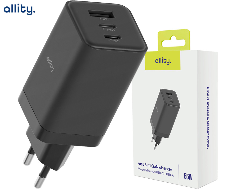 ALLITY ATC-01 GaN polnilec, 65W, 2x USB-C, 1x USB-A, Power Delivery, Quick Charge, polnjenje / napajanje, univerzalna kompatibilnost, Plug&Play, tehnologija GaN, črn