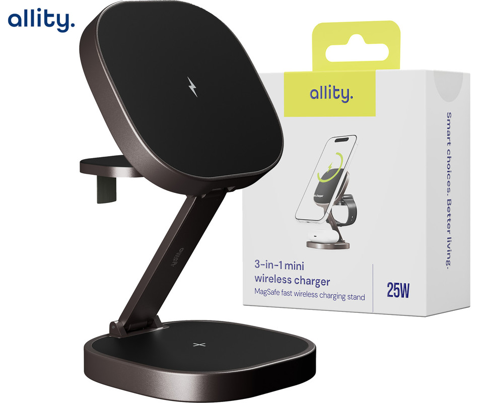 ALLITY AWC-220-25WMS brezžični polnilec / stojalo / polnilna postaja, univerzalni, 25W brezžično polnjenje, MagSafe tehnologija, nastavljiv naklon, USB-C, priložen kabel, siv (Graphite)