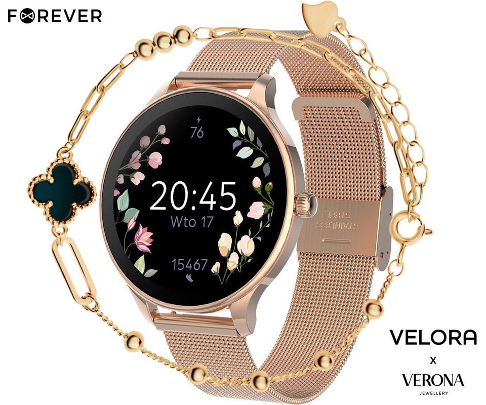 FOREVER Velora SB-306 pametna ura + zapestnica Verona, 1.19″ AMOLED, BT 5.2, Android + iOS, baterija, aplikacija, spremljanje zdravja / spanca, športni načini, 2 paščka, IP68, roza zlata (Rose Gold)