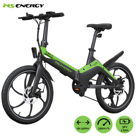 MS ENERGY I10 električno kolo, zložljivo, 20″ pnevmatike, 250W motor, 36V 7.8Ah 280Wh baterija, Shimano, do 50 km, disk zavore, LCD zaslon, LED osvetlitev, črno zeleno