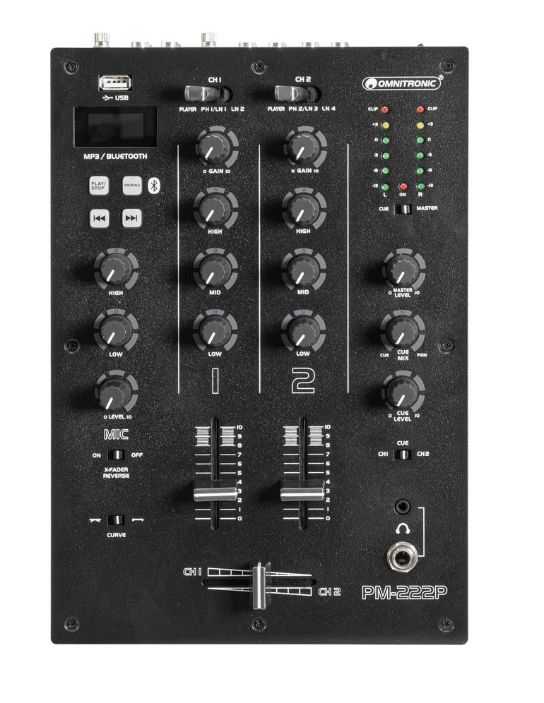 OMNITRONIC PM-222P, 2 kanalna DJ mešalna miza z Bluetooth in USB predvajalnikom