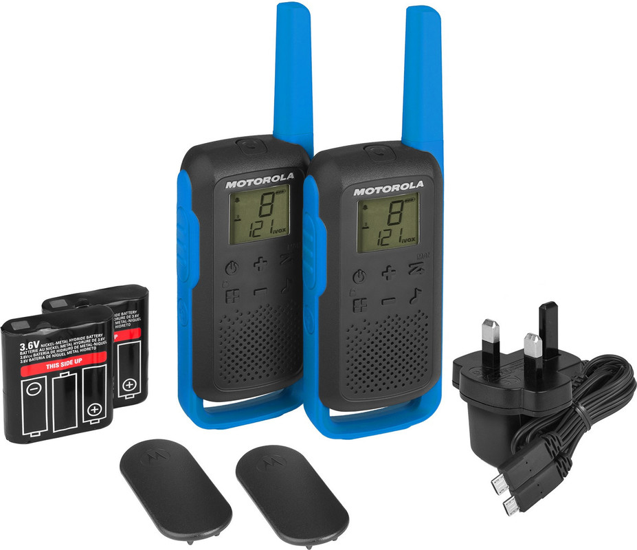 MOTOROLA T62 walkie talkie komplet, 2-KIT, PMR446, VOX funkcija, doseg 8km, polnilna baterija, +dodatki, moder