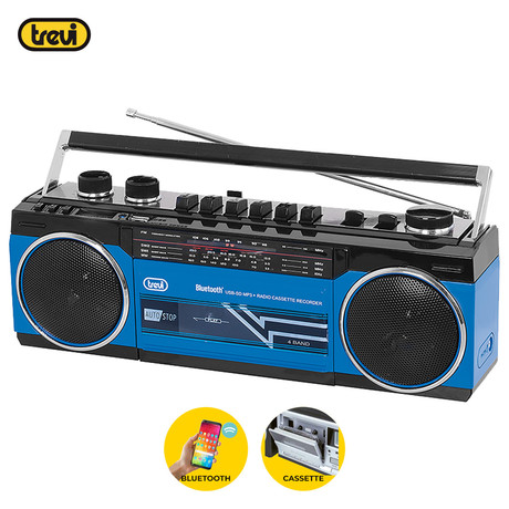 TREVI RR 501 BT Radijski kasetofon s tehnologijo Bluetooth, MW/FM/SW1/SW2, MP3, vhod USB/microSD/AUX-in, mikrofon, snemanje, Autostop, črno moder