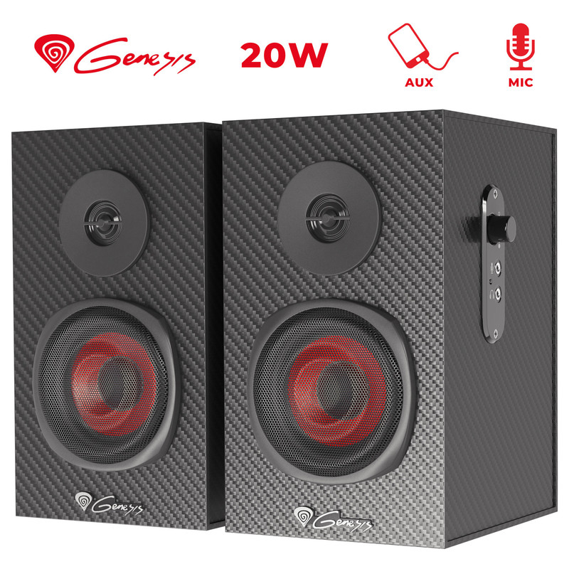 GENESIS HELIUM 200 računalniški zvočniki, STEREO 2.0, 20W RMS, mini jack 3.5mm, kontrolna plošča, nadzor glasnosti, priklop za slušalke, karbonski izgled, leseni, črni