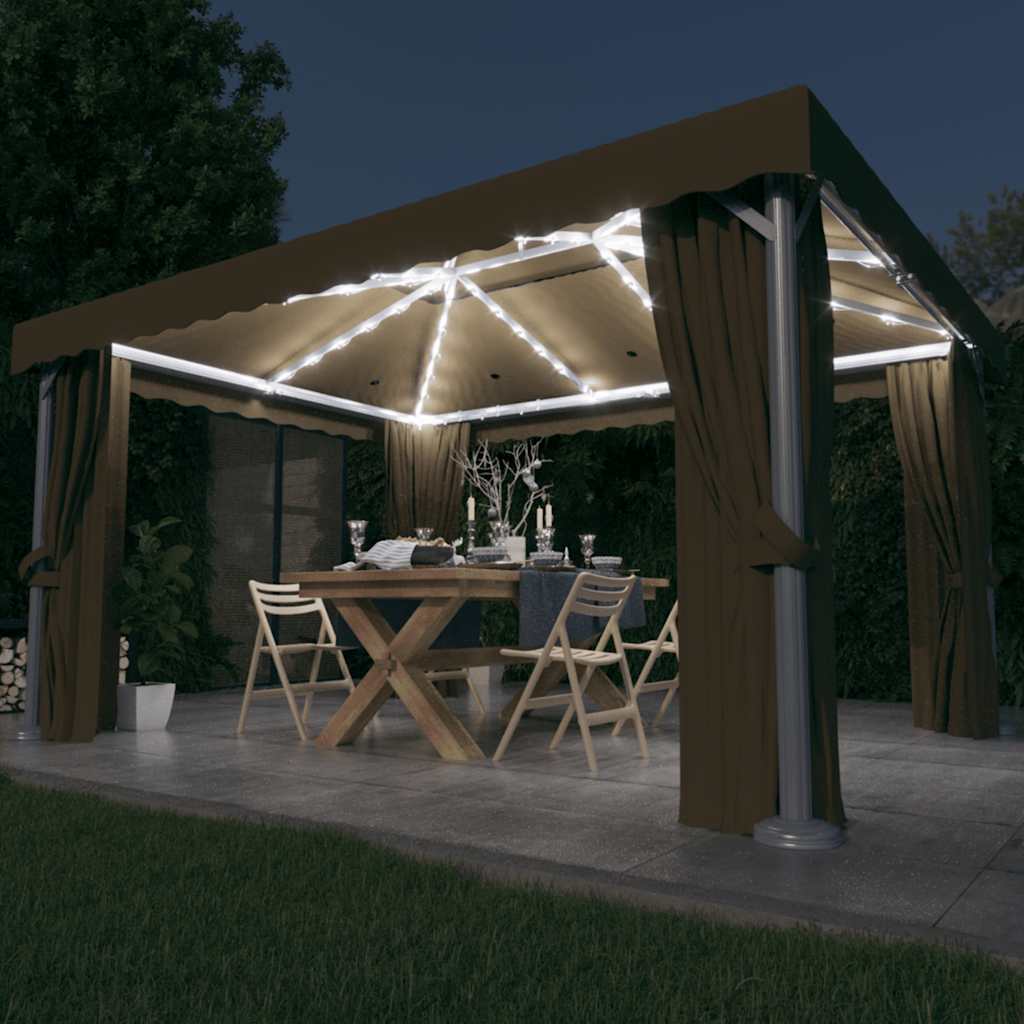 Paviljon z zaveso in LED lučkami 4×3 m taupe